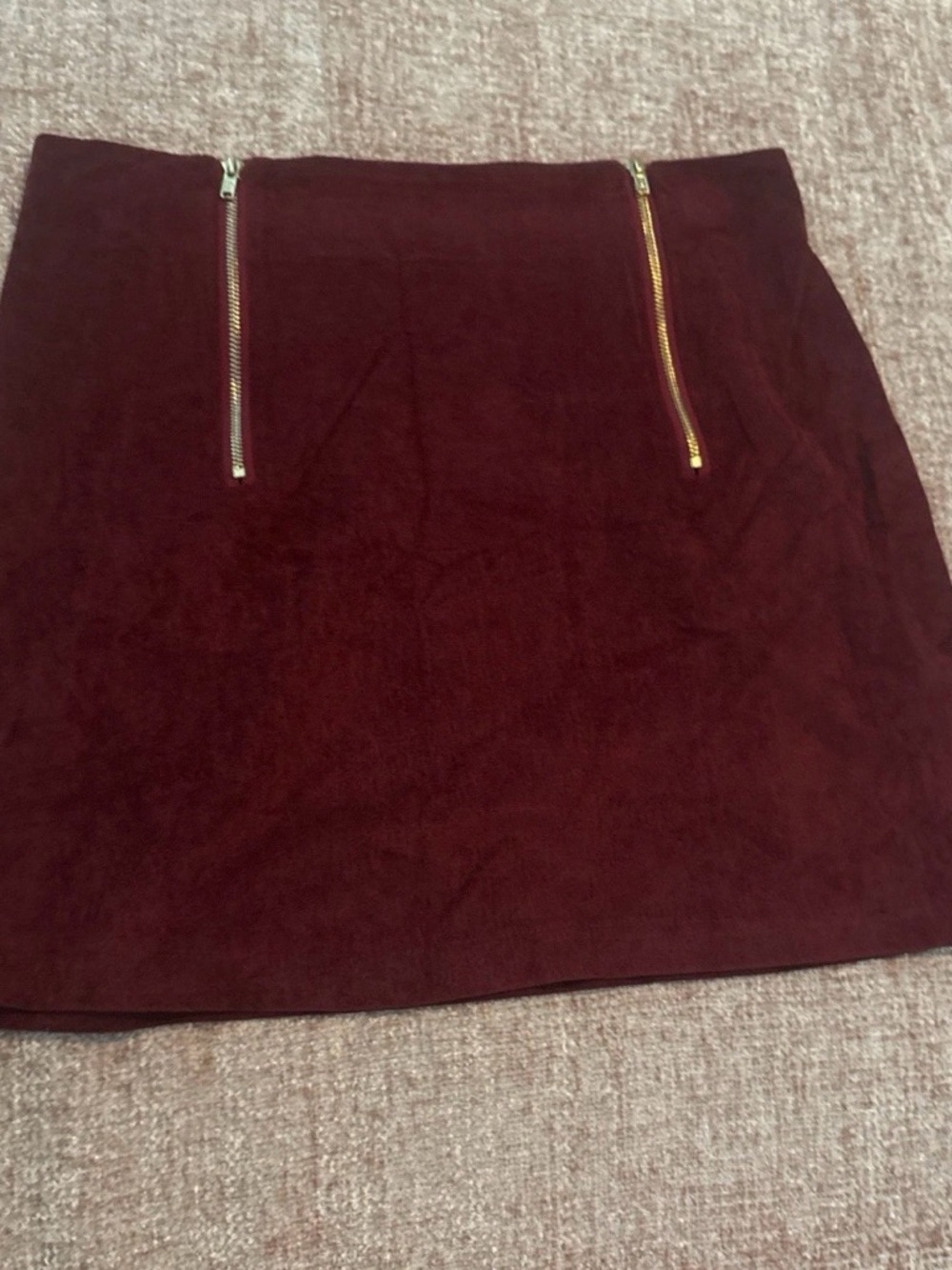 Women’s Burgundy Suede-Look Mini Skirt with Gold Zippers